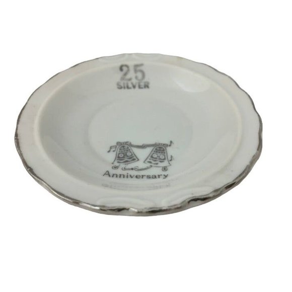 Vinage 25th Silver Anniversary Trinket Dish Porcelain Silver Trim 4.5" - Picture 2 of 7